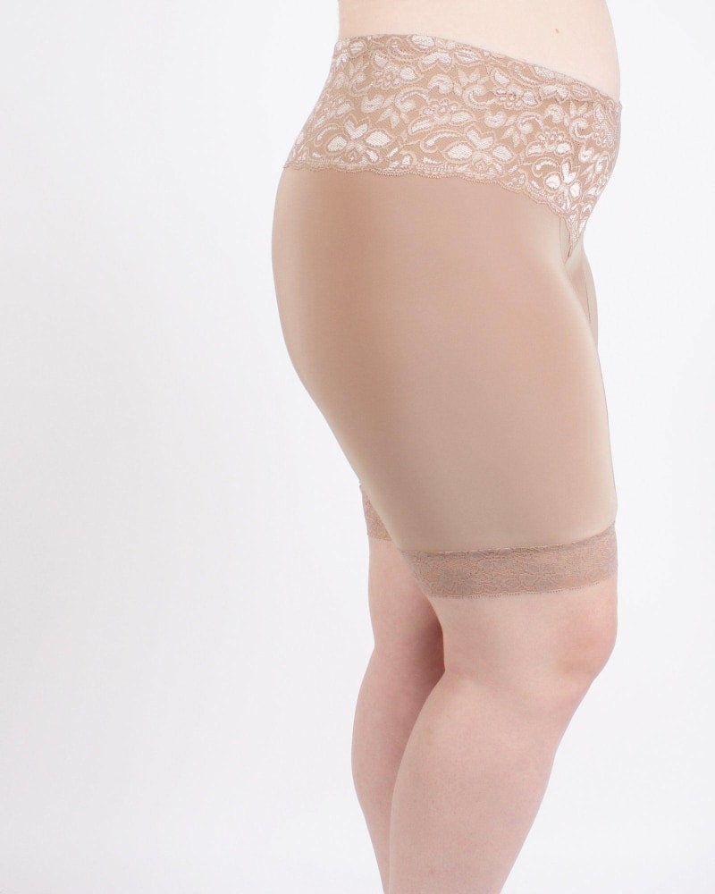 Front of a model wearing a size L Lace Anti Chafing Shortlette Slipshort in Beige by Undersummers. | dia_product_style_image_id:243513